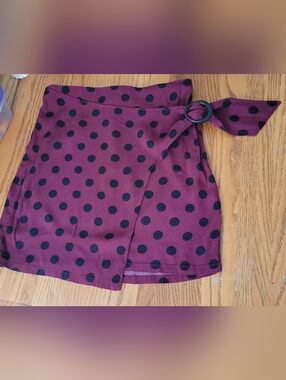 Polka Dot Wrap Mini Skirt in Burgundy with Black Dots